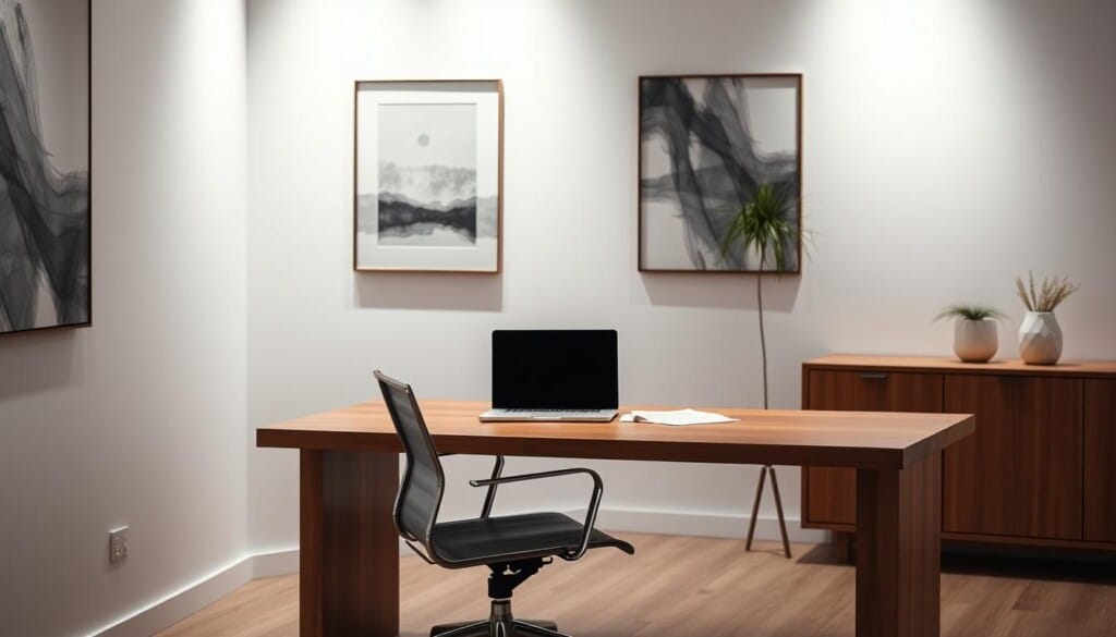 A clean, well-lit office interior with a wooden desk and a modern office chair. On the desk, a laptop and some paperwork, representing the concept of "understanding amortization". The walls are adorned with minimalist, abstract artwork, creating a serene and professional atmosphere. Soft, directional lighting illuminates the scene, casting subtle shadows and highlighting the textures of the materials. The overall tone is one of thoughtful contemplation and financial diligence, perfectly suited to illustrate the "Managing Your Auto Loan" section of the article.