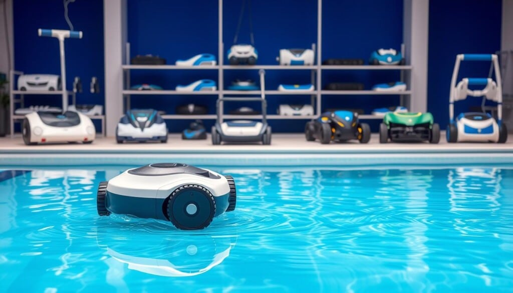 A clean, well-lit studio space showcasing various types of high-quality pool cleaners. In the foreground, a robotic pool vacuum cleaner navigates the smooth surface of a transparent blue pool, its sleek design and efficient movements captured in sharp detail. In the middle ground, a wheeled suction-side pool cleaner and a handheld pool skimmer are displayed, their features and functions clearly visible. The background features a range of advanced pool cleaning technologies, such as robotic pool cleaners with sensors and programmable cleaning patterns. The overall atmosphere conveys a sense of professionalism, functionality, and the latest innovations in pool maintenance.