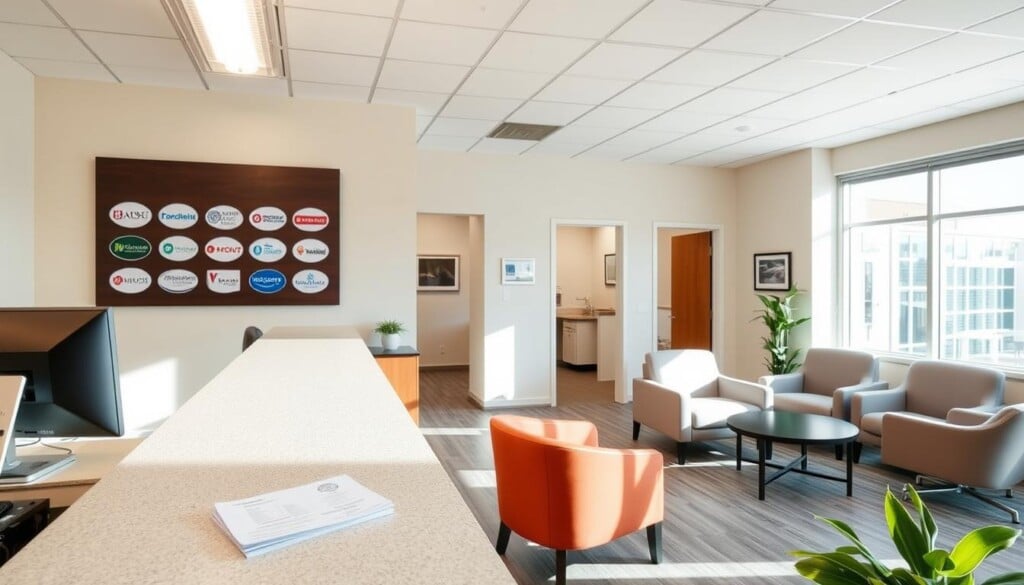 A clean, well-organized medical office interior. Bright, natural lighting floods the space through large windows. In the foreground, a reception desk with a computer and insurance-related documents. Behind it, a wall-mounted display showcases various health insurance logos and coverage information. The middle ground features comfortable seating for patients, with a mix of contemporary furniture in soothing colors. In the background, a door leads to private consultation rooms where urologists provide their specialized services. The overall atmosphere is one of professionalism, accessibility, and a focus on patient care and insurance coverage.