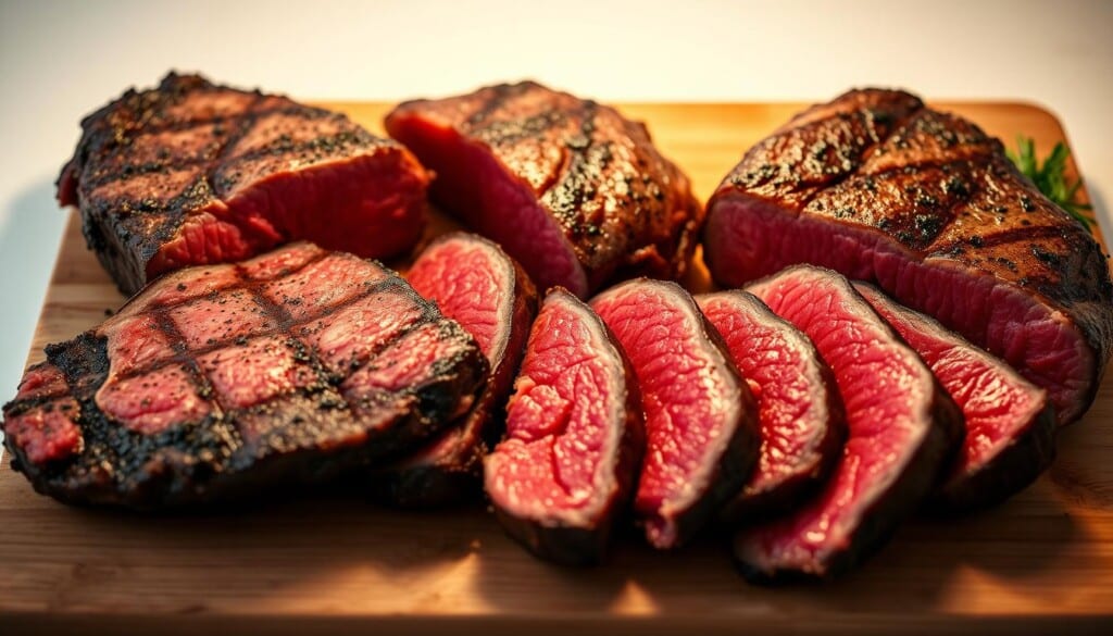 A close-up, detailed shot of various high-quality steak cuts, including ribeye, filet mignon, and strip steak, arranged artfully on a wooden cutting board. The steaks have a mouthwatering, juicy appearance, with a perfect sear and char on the exterior, and a deep, rich red color on the interior. Soft, warm lighting casts a cozy, inviting glow, highlighting the succulent textures and marbling of the meat. The cutting board is positioned against a simple, minimalist background, allowing the star of the show - the exquisite steak cuts - to take center stage.