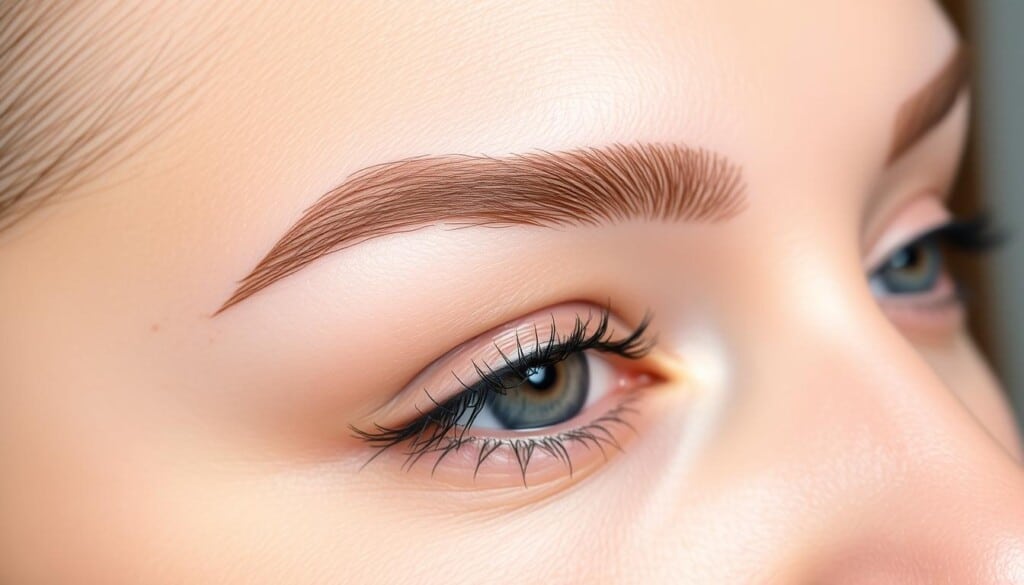 A close-up of a realistic-looking eyebrow tattoo, with intricate hair-like strokes and a natural arch shape. The skin around the tattooed area appears flawless and healthy, with a subtle glow from soft, even lighting. The tattoo is positioned precisely, blending seamlessly with the model's natural brow. The image captures the transformative power of permanent makeup, showcasing a professional-grade eyebrow tattoo that enhances the face in a subtle, elegant manner.