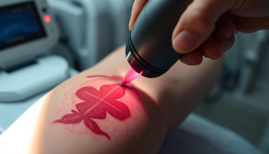 A close-up shot of a tattooed arm being treated by a laser tattoo removal procedure. The skin is red and irritated, revealing the underlying layers as the ink is broken down. The foreground focuses on the person's hand holding a handheld laser device, with a blurred background of a sterile medical setting. Soft, directional lighting casts dramatic shadows, creating a sense of tension and the discomfort of the removal process. The overall mood is clinical yet evocative, capturing the cost, both financial and physical, of erasing one's past choices.