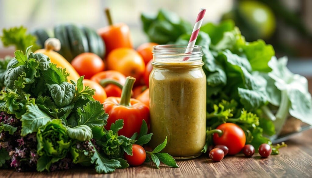 A close-up shot of an assortment of fresh, vibrant produce - leafy greens, colorful vegetables, and ripe fruits - arranged artfully on a wooden table. The lighting is soft and natural, highlighting the intricate textures and vibrant hues of the ingredients. In the middle ground, a glass jar filled with a nutritious smoothie or juice, with a straw protruding from the top, suggesting the health benefits of blending these whole foods. The background is blurred, creating a sense of focus and emphasis on the nutritional bounty in the foreground. The overall mood is one of wellness, vitality, and the joy of consuming nourishing, plant-based foods.