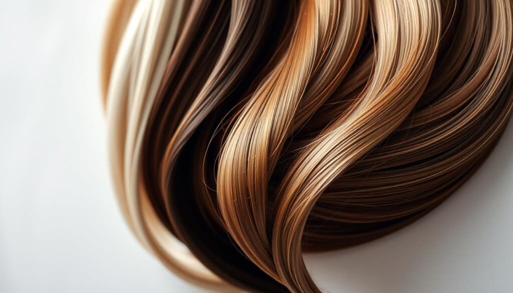 A close-up shot of several premium hair extensions in various shades of blonde, brunette, and auburn, displayed against a soft, out-of-focus background. The extensions are arranged in a visually appealing, layered composition, capturing the lustrous, high-quality texture and natural-looking flow of the strands. Subtle backlighting creates a gentle, ethereal glow, highlighting the dimensional color and shine of the hair. The overall mood is one of luxury, sophistication, and the allure of celebrity-inspired hair transformations.