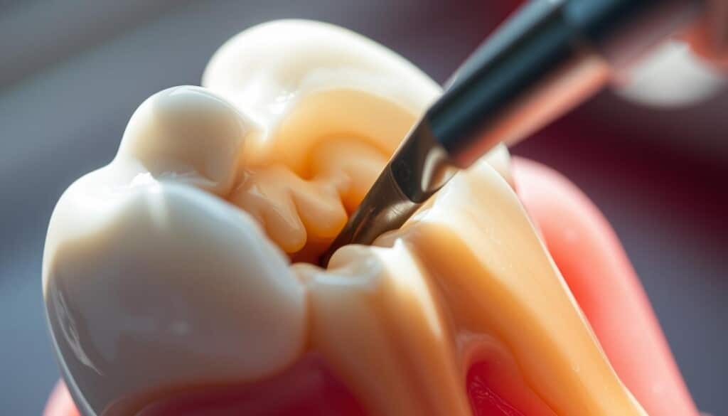 A close-up view of a tooth undergoing root canal therapy. The tooth is partially exposed, revealing the inner pulp chamber and root canals. A dental instrument, such as a file or endodontic drill, is carefully navigating the intricate root system. The lighting is bright and clinical, casting sharp shadows that accentuate the detailed anatomy. The scene conveys a sense of precision, professionalism, and the delicate nature of the procedure. The background is blurred, keeping the focus on the treatment area. The overall mood is one of careful attention to detail and the importance of expert endodontic care.