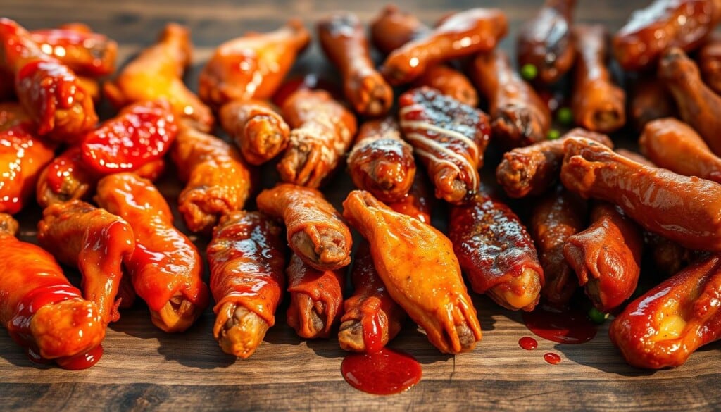 A close-up view of a vibrant array of unique chicken wing flavors, arranged artfully on a rustic wooden surface. In the foreground, a selection of wings coated in bold, glistening sauces ranging from fiery red to vibrant orange and deep, earthy hues. The middle ground features intricately spiced and seasoned wings, while the background showcases an assortment of unconventional flavor profiles, such as sweet and savory blends, tangy marinades, and unexpected aromatic infusions. Soft, natural lighting illuminates the scene, casting subtle shadows and highlights the textural details of the wings. The overall composition evokes a sense of culinary exploration, inviting the viewer to imagine the diverse taste experiences these unique wing flavors offer.