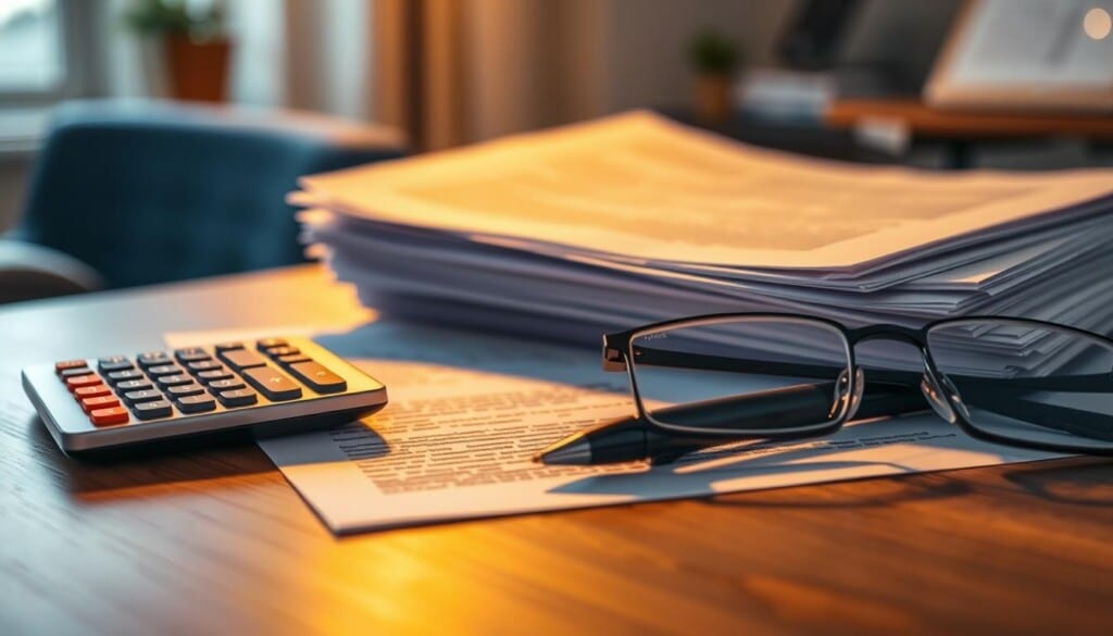 A closeup view of the mortgage refinancing closing documents, neatly stacked on a wooden desk. The papers are illuminated by warm, ambient lighting, casting soft shadows and highlighting the intricate details of the text and signatures. In the foreground, a calculator, a pen, and a pair of reading glasses rest alongside the documents, conveying a sense of meticulous attention to the financial transaction. The background is slightly blurred, creating a focused and professional atmosphere, emphasizing the importance of understanding the closing costs associated with the refinancing process.
