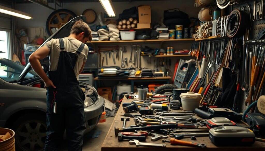 A cluttered garage workspace, with tools and auto parts scattered around. In the foreground, a person in overalls leans over a car's open hood, focused on a repair. Soft, warm lighting casts shadows across the scene, highlighting the DIY nature of the work. In the middle ground, a workbench is covered in various wrenches, hammers, and other repair implements. The background features shelves stocked with car maintenance supplies, creating a sense of a well-equipped but chaotic DIY auto body shop. The overall atmosphere conveys the challenge and hands-on nature of taking on auto repair tasks independently.