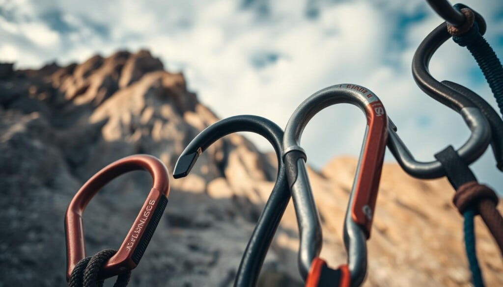 A collection of high-quality climbing carabiners in the foreground, with a rugged rock face in the middle ground and a dramatic sky above. The carabiners are shown in close-up, with their intricate mechanisms and sturdy metal construction clearly visible. The lighting is natural and warm, casting shadows that accentuate the textures and shapes of the gear. The angle is slightly low, emphasizing the importance and centrality of the carabiners in the scene. The overall mood is one of adventure, safety, and the reliable power of this essential rock climbing equipment.