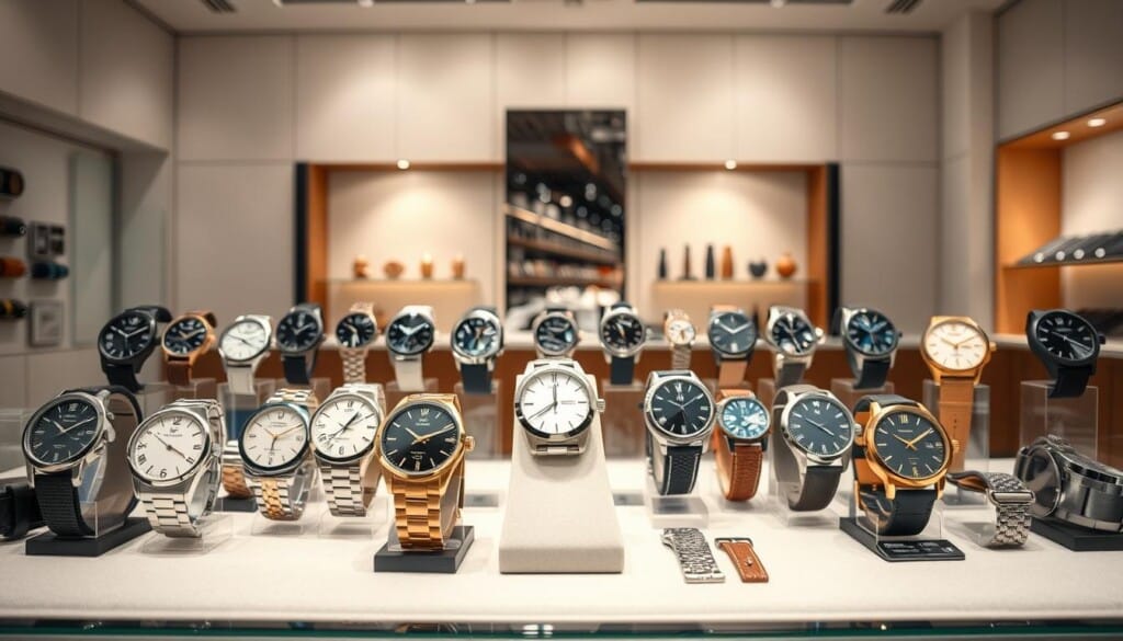 A collection of premium, high-quality watches displayed in a well-lit, modern showroom. In the foreground, an array of different watch styles and designs, including classic analog watches, sleek digital timepieces, and elegant dress watches. The middle ground features various watch bands and straps, showcasing the versatility of these accessories. The background depicts a clean, minimalist environment with subtle textures and neutral tones, allowing the watches to take center stage. The lighting is soft and diffused, creating a warm and inviting atmosphere that complements the luxurious nature of the timepieces. The overall composition emphasizes the craftsmanship, attention to detail, and the diverse range of watch types available in a premium watch store.