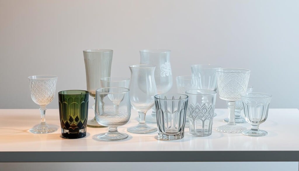 A collection of various glass types - crystal clear, frosted, stained, and etched glass - artfully arranged on a sleek, minimalist table. Soft, warm lighting casts a gentle glow, highlighting the unique textures and intricate details of each piece. The glass objects are positioned to create a harmonious, visually captivating display, showcasing the diversity and beauty of the materials. The overall scene has a sophisticated, gallery-like ambiance, inviting the viewer to appreciate the nuanced qualities of these diverse glass forms.
