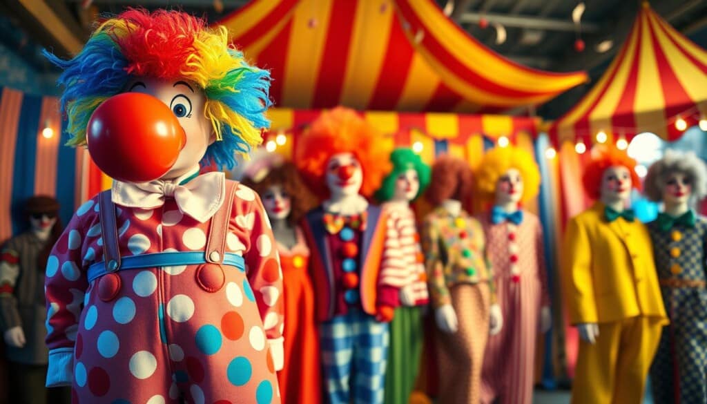 A colorful display of classic clown costumes, captured in vibrant detail. In the foreground, a playful ensemble featuring a large red nose, rainbow wig, and oversized polka-dot trousers. In the middle ground, a variety of clown accessories like wigs, bow ties, and vibrant makeup. The background showcases a whimsical carnival-inspired setting, complete with a striped tent and hints of confetti. Warm, diffused lighting casts a festive glow, accentuating the playful and entertaining nature of these beloved clown attires. Shot with a wide-angle lens to capture the full scope of the clown costume display.