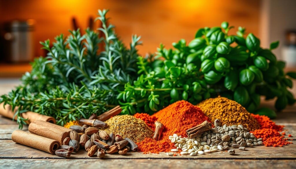 A colorful still life arrangement featuring a variety of popular herbs and spices commonly used in culinary enhancements. In the foreground, an assortment of whole and ground spices such as cinnamon sticks, whole cloves, cardamom pods, paprika, turmeric, and cumin seeds are neatly arranged on a rustic wooden surface. In the middle ground, vibrant bunches of fresh herbs like rosemary, thyme, oregano, and basil are displayed, their lush greenery complementing the earthy tones of the spices. The background subtly suggests a cozy kitchen setting, with soft, warm lighting illuminating the scene and casting gentle shadows to create depth and dimension. The overall mood is one of culinary inspiration and the promise of flavorful, elevated dishes.