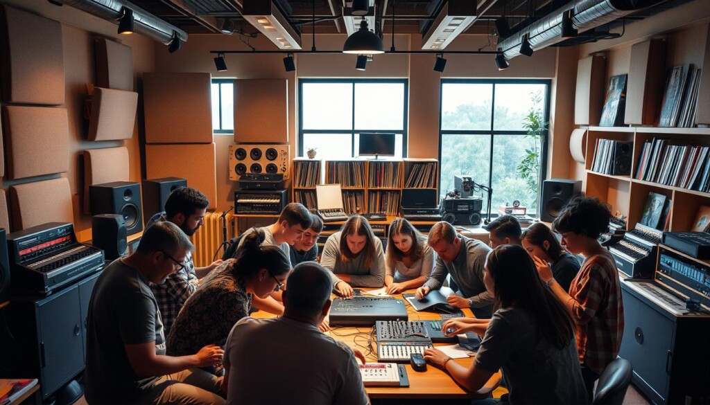 A community audio workshop in a cozy, well-lit studio space. In the foreground, a diverse group of people huddle around a central table, their hands engaged with various audio equipment and instruments. Soft, warm lighting illuminates their focused expressions as they learn and collaborate. In the middle ground, soundproofed walls and sound-dampening panels create an intimate, acoustically optimized environment. The background features a mix of vintage and modern audio gear, shelves filled with records, and large windows that let in natural light, giving the space an inviting, creative atmosphere. The overall scene conveys a sense of shared knowledge, hands-on learning, and a passion for music and audio exploration within a supportive community setting.