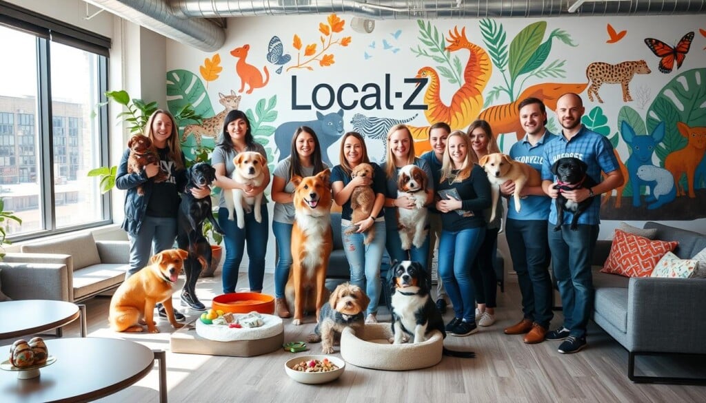A community-focused business, LocalZ, stands proudly alongside a group of furry companions, highlighting their commitment to animal welfare. The scene is set in a warm, inviting office space, with modern furniture and natural lighting filtering through large windows. In the foreground, the LocalZ team members enthusiastically interact with the adoptable pets, showcasing the company's dedication to supporting local animal shelters and rescue organizations. The middle ground features various pet-friendly accoutrements, such as toys, beds, and bowls, reinforcing the space's animal-friendly atmosphere. In the background, a mural depicting vibrant, wildlife-inspired motifs adorns the wall, further emphasizing the company's environmental and animal-centric values. The overall mood is one of compassion, community, and a shared passion for improving the lives of our four-legged friends.