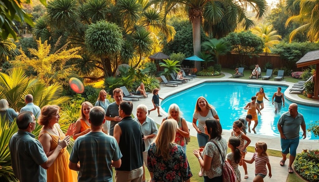 A community gathering in a lush, verdant oasis, with residents of all ages engaged in various activities. In the foreground, a group of people conversing animatedly, gesturing and connecting over shared interests. In the middle ground, a mix of recreational pursuits - a family tossing a frisbee, a group of friends playing a board game, and children running and laughing. The background features a beautifully designed swimming pool, surrounded by vibrant greenery and towering trees that filter the warm, golden sunlight. The overall atmosphere exudes a sense of community, relaxation, and a deep connection to the natural world.