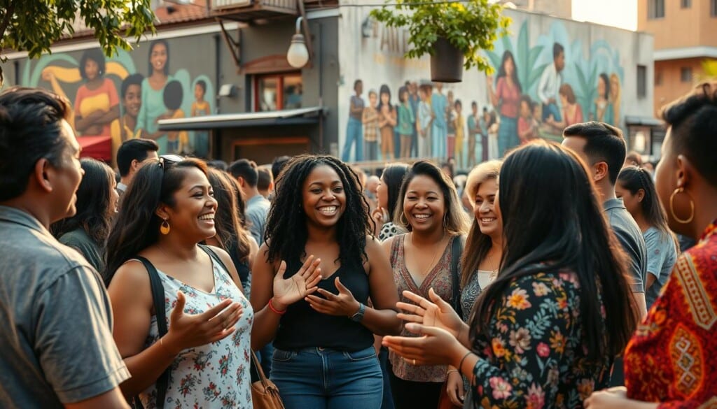 A community gathering in a vibrant urban setting, with people of diverse backgrounds sharing laughter and camaraderie. In the foreground, a group of neighbors are engaged in a lively conversation, gesturing animatedly. In the middle ground, a local artisan market showcases handcrafted goods and artwork, reflecting the diverse cultural tapestry of the area. In the background, a mural adorns the side of a building, depicting scenes of unity, cooperation, and support. The lighting is warm and inviting, creating a sense of togetherness and belonging. The mood is one of inclusivity, collaboration, and a shared commitment to the betterment of the community.