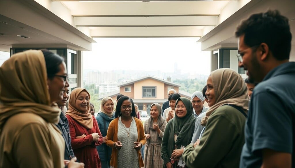 A community hub bustling with faith-based compassion, where LocalZ empowers engagement with local religious charities. In the foreground, a diverse group of volunteers and charity workers collaborate, their expressions radiating warmth and purpose. The middle ground features a well-appointed community center, its architecture blending modern and traditional elements, symbolizing the seamless integration of faith and service. In the background, a serene cityscape frames the scene, hinting at the far-reaching impact of these charitable endeavors. Soft, diffused lighting casts a gentle glow, evoking a sense of spiritual connection and unity. The overall atmosphere is one of harmony, where people of all backgrounds come together to uplift their community through the lens of faith-based initiatives.
