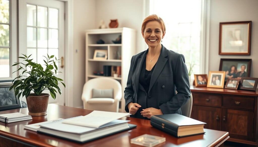 A compassionate child support attorney stands in an airy, sun-dappled office, their warm gaze conveying understanding and expertise. Crisp legal documents and a file folder rest on the polished wood desk, while a lush potted plant and framed family photos evoke a sense of care and community. The attorney's professional yet approachable attire and confident posture signal their commitment to advocating for the rights and needs of low-income families. Soft natural lighting casts a gentle glow, creating an atmosphere of trust and support.