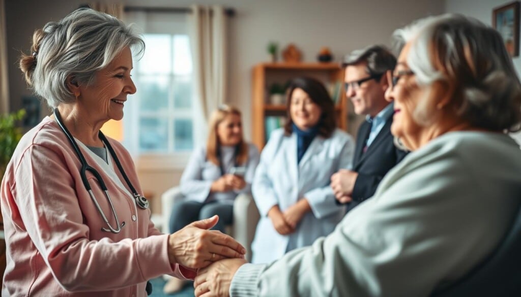 A compassionate hospice care team tending to their patients in a serene, softly lit environment. In the foreground, a nurse gently holds the hand of an elderly patient, their faces reflecting a tender, reassuring exchange. In the middle ground, a social worker and chaplain converse with family members, offering emotional support. The background depicts a cozy, welcoming hospice facility, with warm lighting and soothing decor that cultivates an atmosphere of comfort and dignity. The scene conveys the dedicated, holistic approach of the hospice team, committed to providing comprehensive, end-of-life care with empathy and respect.
