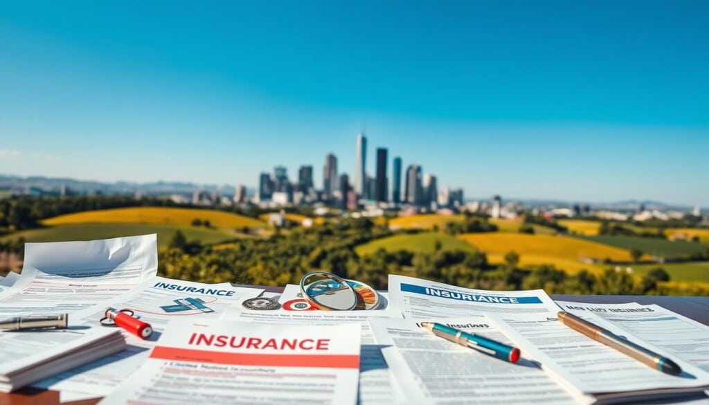 A comprehensive illustration of insurance types in the United States, captured with a wide-angle lens and bright, natural lighting. In the foreground, various insurance policy documents and symbols are meticulously arranged, representing the diverse range of coverage options, such as life, health, auto, homeowner's, and business insurance. The middle ground features a stylized skyline with skyscrapers, symbolizing the urban landscape where these insurance products are essential. In the background, a serene, rolling countryside landscape provides a sense of security and protection, echoing the core purpose of insurance. The overall composition conveys the breadth and importance of the insurance industry in the US, creating a visually engaging and informative representation of the "Types of Insurance Available in the US".