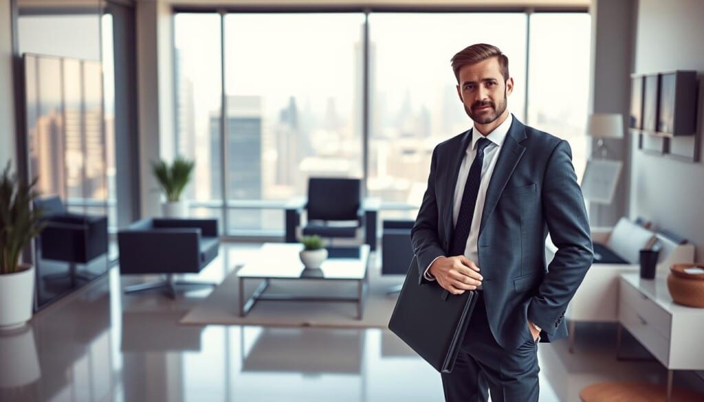 A confident, well-dressed professional standing in a modern, well-lit law office. The foreground features the attorney, wearing a sharp suit, with a determined expression and a briefcase in hand. The middle ground showcases a clean, minimalist office space with sleek furniture and subtle decor. The background reveals floor-to-ceiling windows offering a cityscape view, conveying a sense of authority and prestige. The lighting is natural, with a gentle, warm glow that adds depth and dimension to the scene. The overall atmosphere exudes professionalism, expertise, and a commitment to providing exceptional legal services.