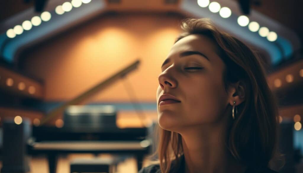 A contemplative, masterfully-lit portrait of a person experiencing the emotional benefits of classical music. In the foreground, the subject's face is illuminated with a serene, pensive expression, eyes closed as they immerse themselves in the music. The middle ground features a grand piano, its keys gently illuminated, hinting at the melodic richness that has captivated the subject. In the background, a dimly-lit concert hall recedes, creating a sense of intimate, private reflection amidst the grandeur of the musical performance. Soft, warm tones and a subtle depth of field enhance the tranquil, introspective atmosphere.