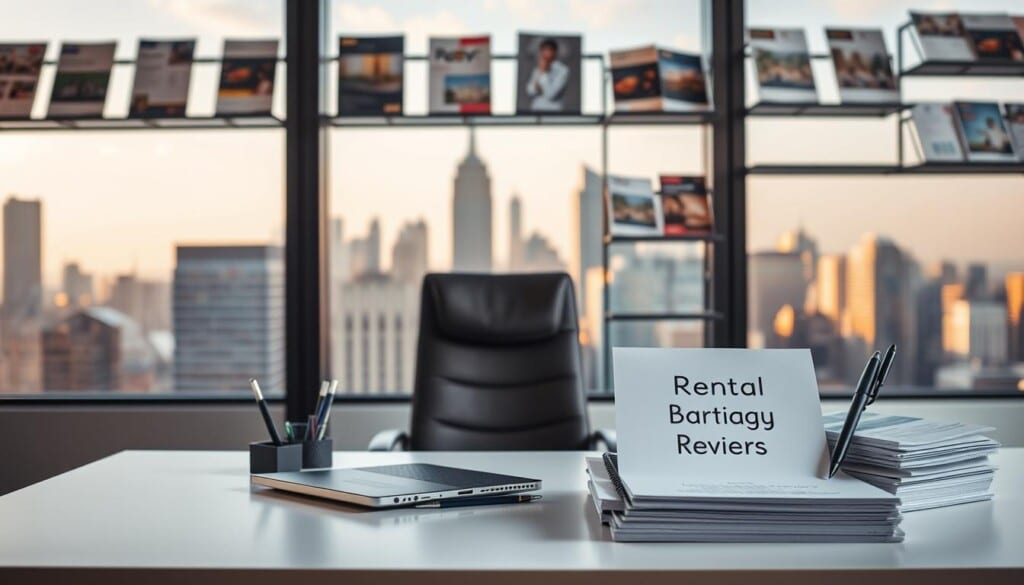 A contemporary office setting with a large window overlooking a bustling city skyline. In the foreground, a clean, minimalist desk with a laptop, a pen holder, and a stack of papers labeled "Rental Agency Reviews". Behind the desk, a modern office chair with a plush leather cushion. The middle ground features wall-mounted shelves displaying various rental property brochures and documents. In the background, the city skyline is visible through the window, with skyscrapers and high-rises bathed in warm, diffused natural light. The overall atmosphere is professional, organized, and inviting, conveying a sense of diligence and expertise in the rental agency business.
