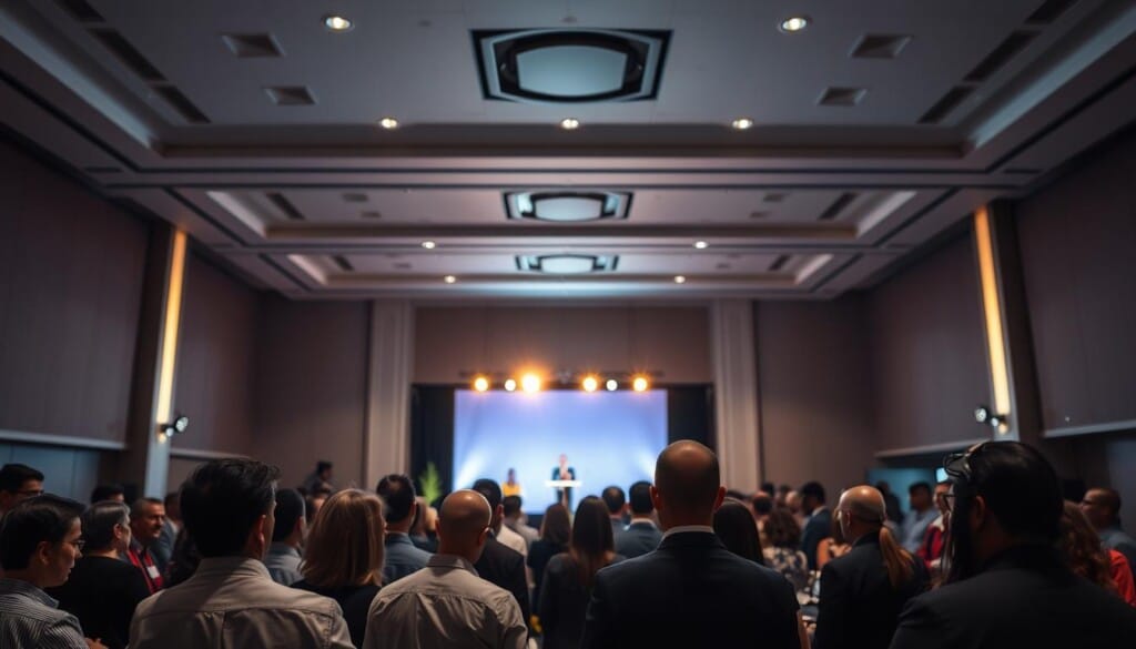A corporate event photography scene with carefully crafted lighting techniques. A spacious, modern event hall with a clean, elegant aesthetic. Diffused overhead lighting casts a soft, uniform illumination, accentuating the sleek architectural features. In the foreground, a group of well-dressed attendees are engaged in lively conversation, their faces subtly highlighted by discreet, strategically placed accent lights. The middle ground features a stage or podium, the subject of the scene, bathed in a warm, directional key light that creates dramatic shadows and highlights, drawing the viewer's attention. The background seamlessly blends into a subtly lit, out-of-focus environment, creating depth and a sense of visual harmony.