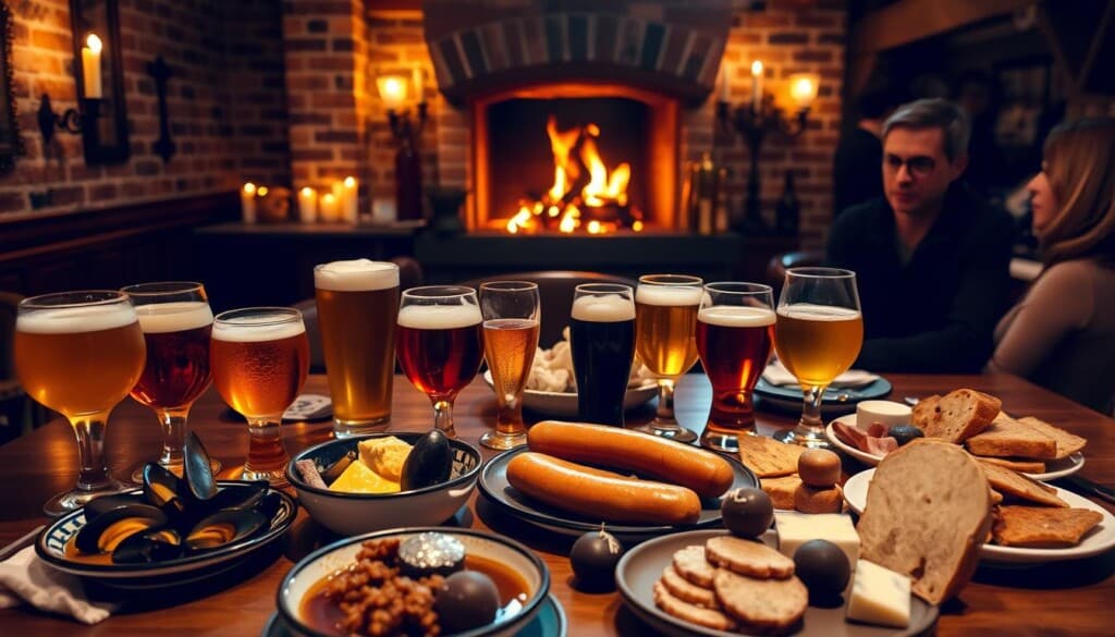 A cozy Belgian bistro table, bathed in warm golden light from candles and a crackling fireplace. In the foreground, an array of traditional Belgian beers - ranging from crisp golden lagers to rich, complex ales - each paired with a complementary dish: mussels in a savory broth, creamy carbonnade stew, hearty sausages, and decadent chocolate truffles. The middle ground features a selection of artisanal breads, cured meats, and tangy cheeses, all showcasing the culinary artistry of Belgian cuisine. The background hints at exposed brick walls, rustic wooden beams, and the gentle chatter of diners savoring the perfect pairing of food and drink.