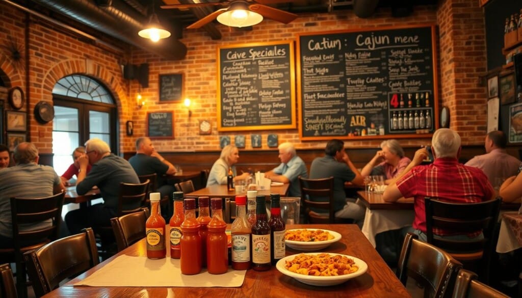 A cozy Cajun restaurant interior, bathed in warm lighting and filled with the aroma of spices. In the foreground, a wooden table is set with a linen tablecloth, colorful Cajun dishes, and a cluster of hot sauce bottles. Behind it, patrons converse at tables, their faces reflecting the lively atmosphere. In the background, exposed brick walls and wrought-iron accents create a rustic, authentic ambiance. A large chalkboard menu hangs on the wall, showcasing the Cajun specialties. An overall sense of comfort, community, and the celebration of bold, flavorful cuisine permeates the scene.