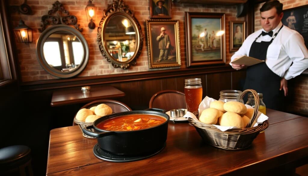 A cozy Creole dining nook with warm lighting and rustic decor. On the wooden table, a hearty gumbo simmers in a cast-iron pot, accompanied by a basket of freshly baked biscuits and a carafe of sweet iced tea. In the background, antique mirrors and framed Cajun artwork adorn the exposed brick walls, creating an inviting ambiance. A server in a crisp white shirt and black apron stands ready to offer recommendations and attentive service. The overall scene evokes the rich cultural traditions and hospitable spirit of Creole cuisine.