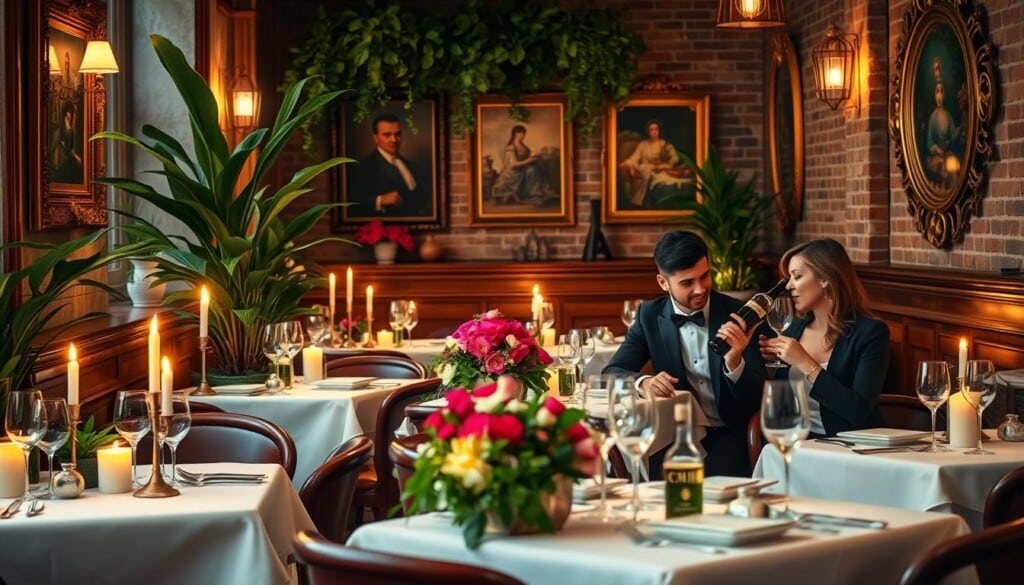 A cozy French bistro with intimate candlelit tables, set with crisp white tablecloths, fine china, and elegant stemware. Lush green potted plants and vibrant floral arrangements adorn the middle ground, while soft golden lighting casts a warm, romantic glow throughout the scene. In the background, classic French art and antique mirrors line the brick walls, creating a timeless Parisian ambiance. A couple dressed in formal attire sits close together, immersed in conversation, savoring a leisurely multi-course meal and sipping from a bottle of vintage red wine. The overall atmosphere is one of refined sophistication, an elegant celebration of French culinary tradition.
