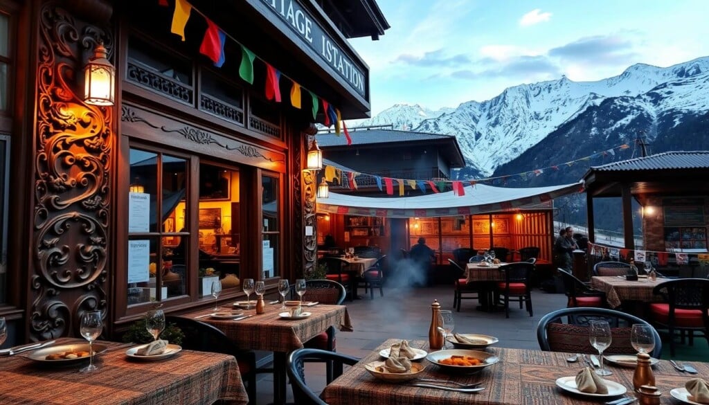 A cozy Himalayan restaurant nestled in the foothills, its facade adorned with intricate wooden carvings and colorful prayer flags. Inside, warmly lit tables set the stage for an exquisite culinary journey, traditional Tibetan and Nepali dishes awaiting eager diners. Shimmering brass utensils and handwoven textiles create an atmosphere of cultural authenticity. In the background, majestic snow-capped peaks rise, framing the scene like a timeless tableau. A tantalizing aroma of spices and sizzling ingredients fills the air, inviting guests to savor the vibrant flavors of the Himalayas.