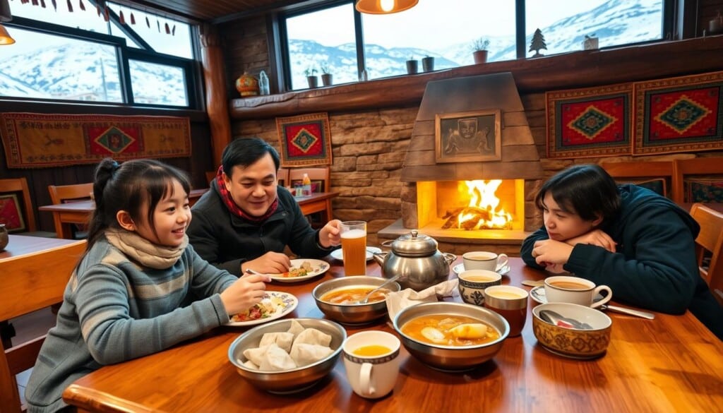 A cozy Himalayan restaurant nestled in the shadow of snow-capped peaks, with traditional wooden furnishings and vibrant Tibetan textiles adorning the walls. A family of four enjoys a hearty meal of momos, thukpa noodles, and steaming cups of chai, seated at a rustic table by a crackling fireplace. Soft, warm lighting illuminates the scene, casting a welcoming glow. The atmosphere is inviting and relaxed, perfect for a family gathering to savor the rich, aromatic flavors of the Himalayan cuisine.