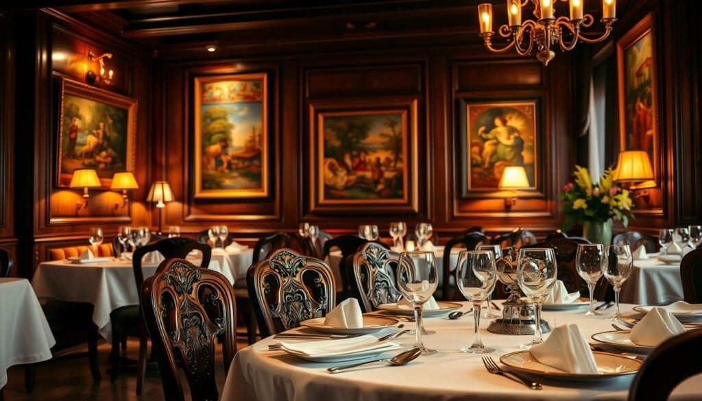 A cozy Hungarian restaurant interior, with warm lighting casting a golden glow over the scene. The foreground features a formal dining table set with elegant bone china, silverware, and crystal glassware. In the middle ground, wooden chairs with intricate carvings surround the table, inviting guests to sit and savor the dining experience. The background showcases rich, dark wood paneling, complemented by vibrant artwork and tapestries hanging on the walls, capturing the cultural essence of Hungary. The overall atmosphere is one of refined sophistication, where diners can immerse themselves in the traditional Hungarian dining tradition.
