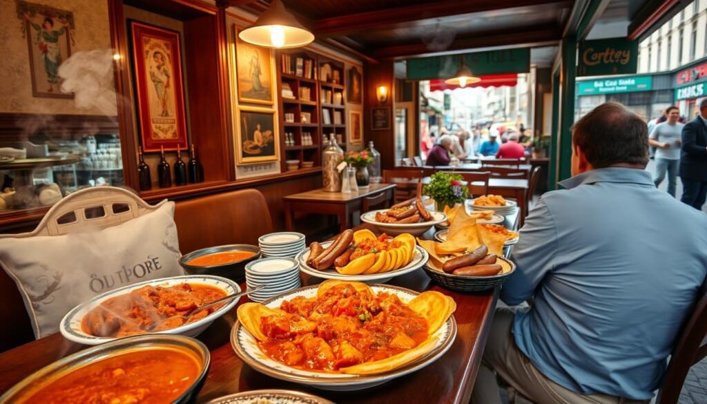 A cozy Hungarian restaurant nestled in a vibrant city street, the aroma of paprika and sizzling goulash wafting through the air. In the foreground, a table laden with traditional dishes - steaming bowls of hearty stew, platters of savory sausages, and plates of crisp, golden potato pancakes. The middle ground reveals the restaurant's warm, rustic interior, with wooden beams, tiled floors, and vibrant wall hangings. In the background, the bustling cityscape frames the scene, hinting at the diverse array of cultural influences that come together in this culinary destination.