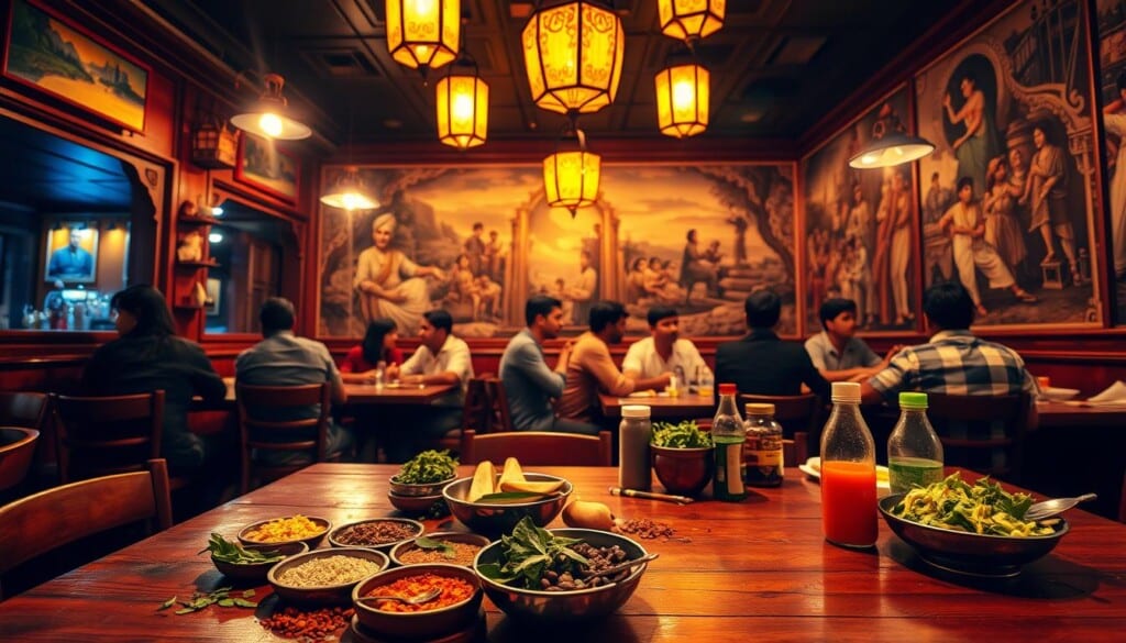 A cozy Indian restaurant interior, dimly lit with warm amber tones. In the foreground, a wooden table with a vibrant array of spices, herbs, and condiments, inviting diners to explore the flavors. The middle ground features patrons engaged in lively conversation, their faces illuminated by the glow of lanterns hanging from the ceiling. In the background, an intricate mural adorns the wall, depicting scenes of Indian culture and cuisine. The atmosphere exudes a sense of authentic, immersive dining experience, drawing the viewer in to imagine the aromas and flavors of the best Indian food nearby.