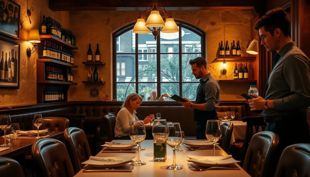 A cozy Italian restaurant interior, bathed in warm, inviting lighting. The focus is on a table near the center, where a couple is engrossed in conversation while perusing a menu. Soft, ambient music plays in the background, and the walls are adorned with rustic, wooden shelves displaying bottles of fine wine. Elegant place settings and glassware grace the tabletop, hinting at the impeccable service to come. A waiter approaches discreetly, ready to assist with the reservation process and ensure a memorable dining experience.
