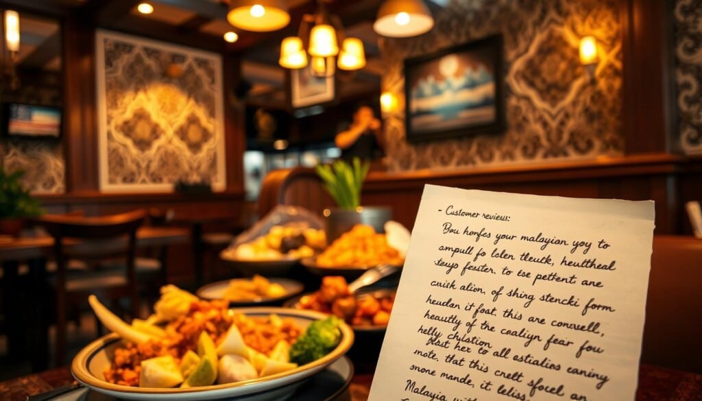 A cozy Malaysian restaurant with warm lighting and wooden accents. In the foreground, a close-up of customer reviews handwritten on vintage paper, their cursive script conveying a sense of authenticity. The middle ground features a well-curated display of traditional Malaysian dishes, their vibrant colors and textures inviting the viewer to explore the flavors. The background showcases the restaurant's inviting ambiance, with intricate batik patterns adorning the walls and gentle shadows casting a calming atmosphere.