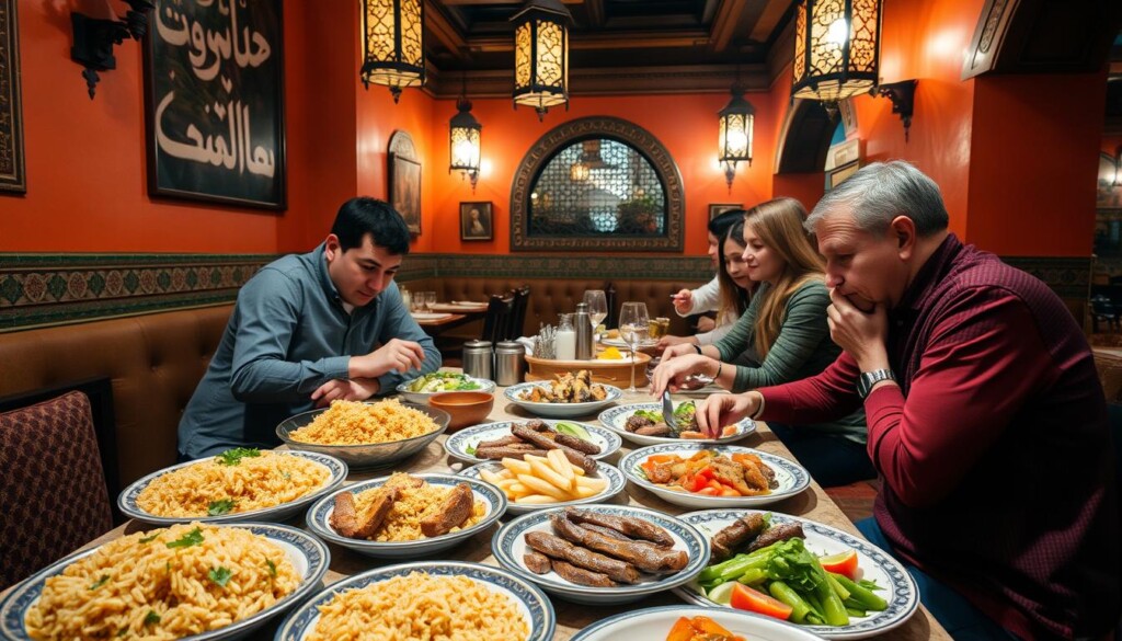 A cozy Middle Eastern eatery, warm ochre walls adorned with intricate tilework and ornate lanterns casting a soft glow. In the foreground, a table set with an assortment of fragrant dishes - steaming platters of aromatic rice pilaf, tender lamb kebabs, and vibrant salads. First-time diners lean in, eyes wide with curiosity, as they explore the unfamiliar flavors, the air rich with the scents of cumin, cardamom, and saffron. Servers move gracefully between tables, offering guidance and recommendations, creating a welcoming atmosphere for those new to the delights of Arabic cuisine.