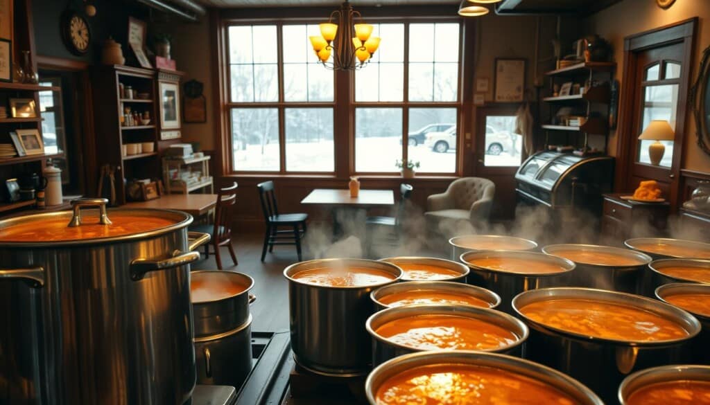 A cozy Midwest soup shop, with a warm, inviting atmosphere. In the foreground, a display of various hearty soups simmering in polished stainless steel pots, their aromas wafting through the air. The middle ground features an intimate seating area, with wooden tables and chairs, and a vintage-inspired decor that evokes a sense of timeless comfort. In the background, large windows offer a glimpse of a snowy, picturesque Midwest landscape, casting a soft, natural light throughout the space. The lighting is a harmonious blend of ambient and task lighting, creating a welcoming and inviting ambiance. The overall mood is one of comfort, nostalgia, and the celebration of the simple pleasures of a nourishing, homemade meal.