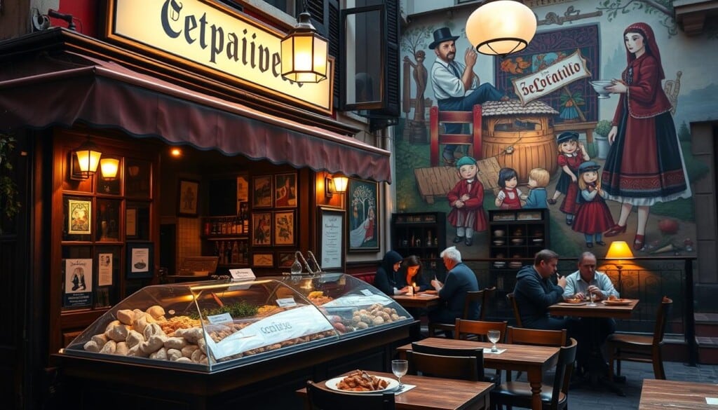 A cozy Polish restaurant nestled in a vibrant city neighborhood, its facade adorned with traditional architectural details. In the foreground, a delectable display of pierogis, kielbasa, and other authentic Polish delicacies beckons passersby. The middle ground features wooden tables and chairs, where patrons savor hearty dishes under the warm glow of vintage lighting fixtures. In the background, a mural showcases vibrant Polish folk art, transporting diners to the heart of Eastern Europe. The scene is bathed in a soft, golden light, creating an inviting and nostalgic atmosphere that captures the essence of Polish cuisine.