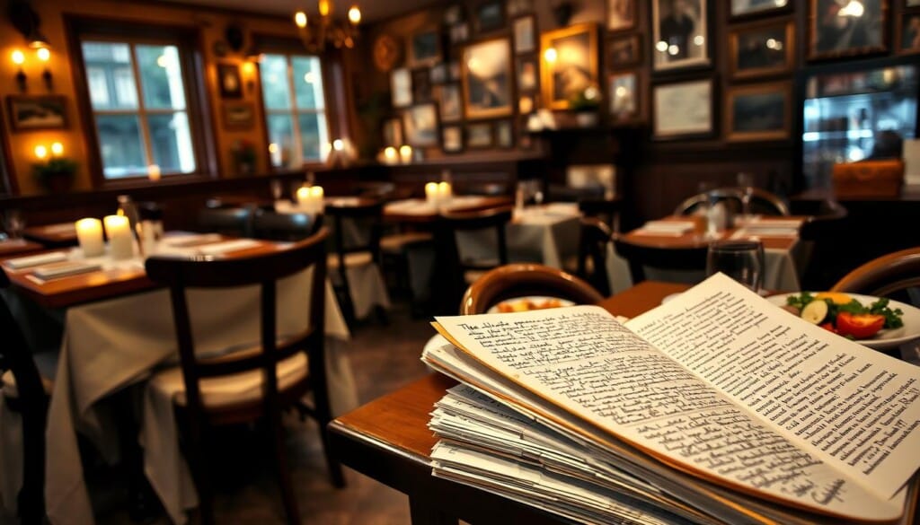 A cozy Portuguese restaurant filled with the warm glow of candles, wooden tables, and linen-clad chairs. In the foreground, a stack of handwritten customer reviews, their pages weathered and tattered, conveying the rich history and passionate patrons. A mid-ground showcasing plated dishes, fragrant with the aromas of sizzling chouriço, creamy bacalhau, and vibrant salads. The background setting evokes the rustic charm of a family-owned establishment, with framed photographs and memorabilia adorning the walls, transporting the viewer to the heart of Portugal's culinary traditions.