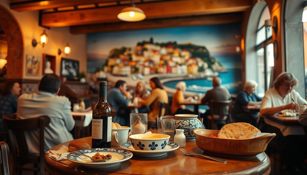A cozy Portuguese restaurant interior with warm lighting, terracotta tiles, and wooden beams. In the foreground, a table set with traditional ceramic dishes, a bottle of wine, and fresh bread. The middle ground features lively conversation among diners, sipping espresso and savoring hearty stews. In the background, a mural of a Portuguese coastal town, its vibrant colors and picturesque buildings creating an inviting atmosphere. The lens captures the scene with a slightly low angle, emphasizing the sense of comfort and conviviality.