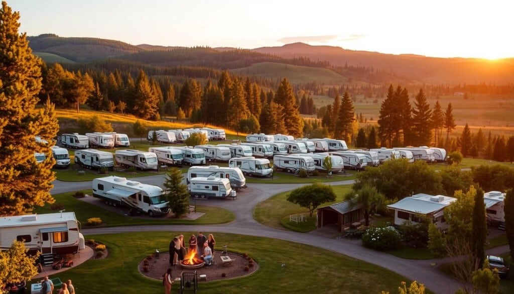 A cozy RV park nestled amidst lush greenery, with rows of well-maintained RVs dotting the landscape. In the foreground, a group of campers gathered around a crackling campfire, enjoying the serene evening. The middle ground showcases a neatly organized row of RVs, each with its own unique design and personality. In the background, a scenic vista of rolling hills and towering pine trees, bathed in the warm, golden glow of the setting sun. The overall atmosphere exudes a sense of adventure, relaxation, and the joy of the great outdoors.
