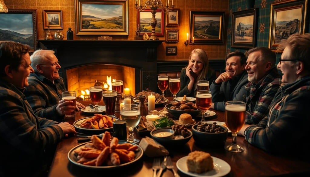 A cozy Scottish pub interior, with a warm amber glow from the fireplace and candlelight. On the table, a feast of local delicacies - fresh seafood, hearty haggis, buttery shortbread, and a variety of Scottish ales in traditional glasses. The walls are adorned with tartan patterns, antique furnishings, and framed photographs capturing the rugged Scottish countryside. A group of friends laughs and converses, creating a convivial atmosphere of cultural celebration. The scene is captured with a soft, romantic lens, evoking the essence of authentic Scottish hospitality.
