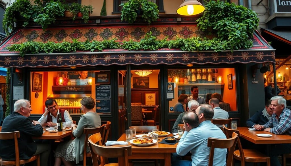 A cozy Slovakian restaurant nestled in a bustling city, its vibrant facade drawing the eye with traditional patterns and warm lighting. Inside, wooden tables and chairs set the stage for hearty dishes, the aroma of sizzling sausages and sauerkraut filling the air. Patrons engage in lively conversations, their faces aglow with the joy of sharing a communal dining experience. The atmosphere exudes a sense of community and cultural pride, inviting visitors to immerse themselves in the rich tapestry of Slovakian cuisine and hospitality. A wide-angle lens captures this inviting scene, conveying the benefits of supporting local Slovakian restaurants - preserving traditions, strengthening the local economy, and fostering a deeper connection to the diverse culinary heritage.