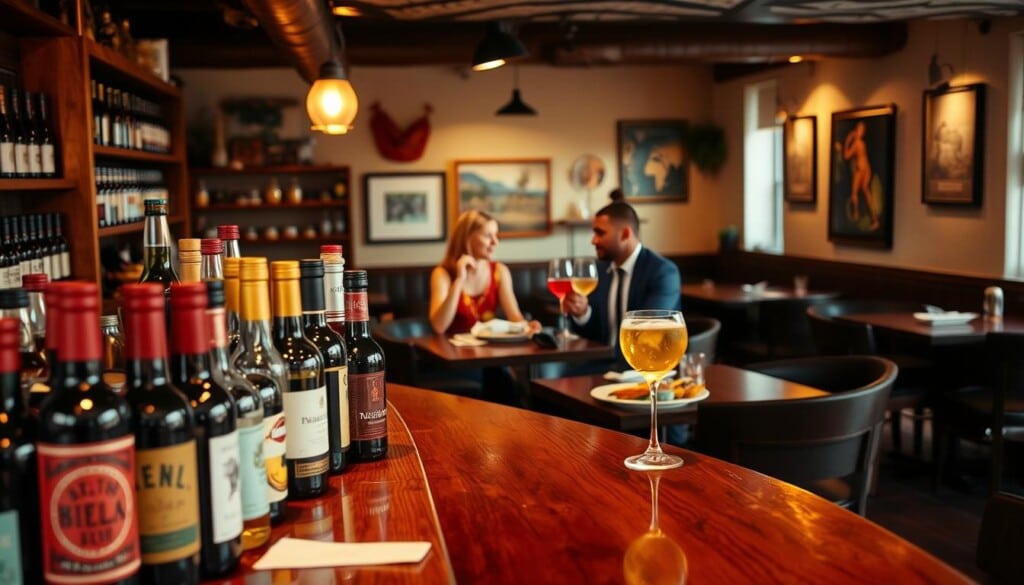 A cozy South African restaurant interior, with a wooden bar in the foreground showcasing various bottles of local wines, craft beers, and traditional spirits. In the middle ground, a well-dressed couple is enjoying a leisurely meal, their glasses filled with vibrant, colorful drinks that complement the flavors of the cuisine. The background is softly lit, creating a warm and inviting atmosphere, with hints of African-inspired decor and artwork adorning the walls.