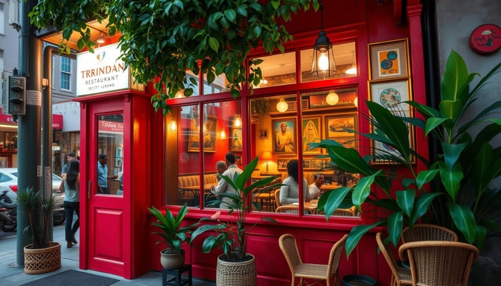 A cozy Trinidadian restaurant nestled in a vibrant urban neighborhood, its vibrant red facade and tropical-inspired decor inviting passersby. Through the large windows, glimpses of lively conversations and the tantalizing aromas of authentic Caribbean cuisine waft out onto the bustling street. A warm, welcoming atmosphere with lush potted plants, rattan furniture, and colorful artwork adorning the walls. Soft, indirect lighting casts a golden glow, creating an intimate ambiance. The scene is captured from a slightly elevated angle, allowing the viewer to take in the full scope of the establishment and its charming details.